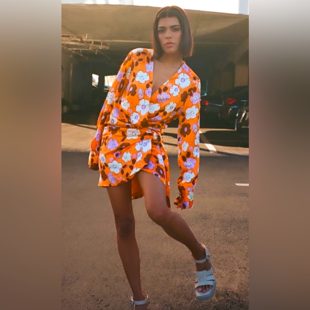 Zara Orange Floral Long Sleeve Dress